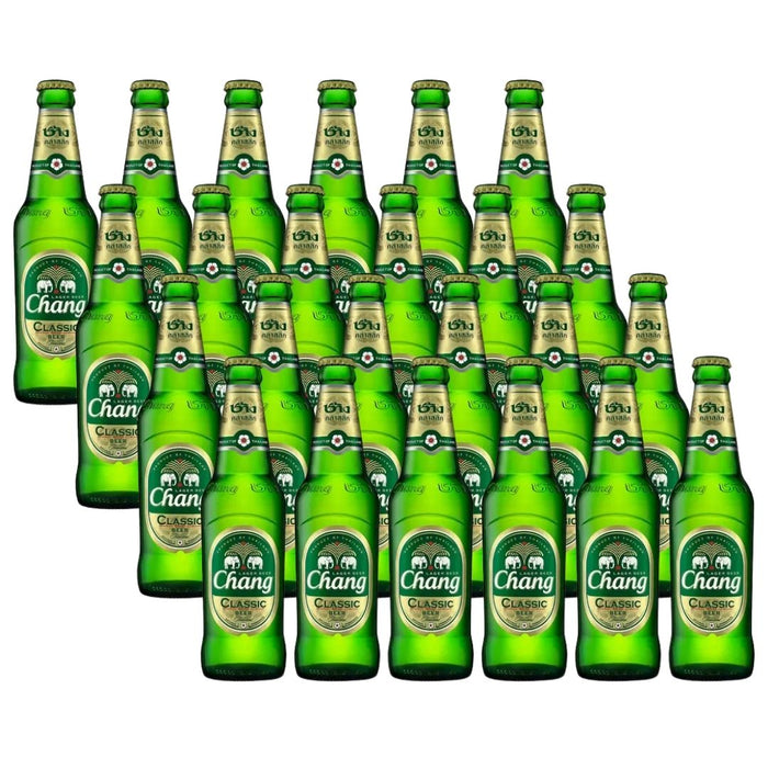 Chang Classic Beer product shot. Green bottle with a green oval label that depicts 2 elephants. Photographed on a white background.