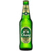 Chang Classic Beer product shot. Green bottle with a green oval label that depicts 2 elephants. Photographed on a white background.