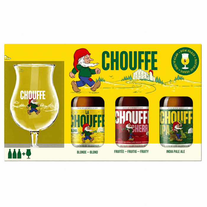 Three variants of chouffe in a yellow gift pack with a chouffe branded glass included