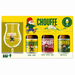 Three variants of chouffe in a yellow gift pack with a chouffe branded glass included