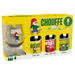 Three variants of chouffe in a yellow gift pack with a chouffe branded glass included
