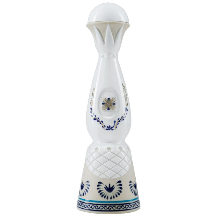 Clase Azul Anejo Bottle on a standard white background. It is hand painted with accents of blue. 