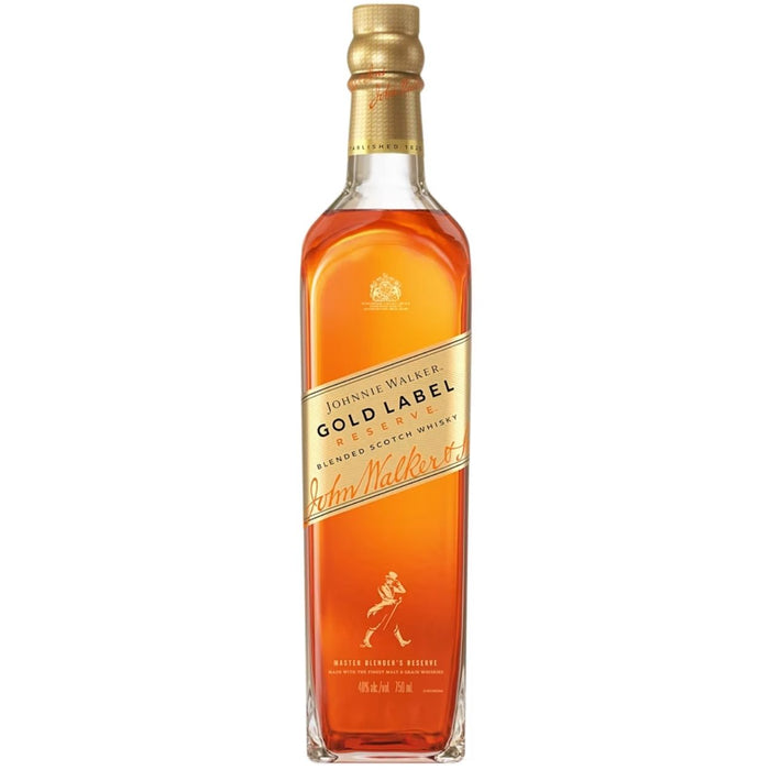 A bottle of Johnnie Walker Gold Label whisky, showing the amber-colored liquid inside a clear glass bottle with a gold cap and gold label.