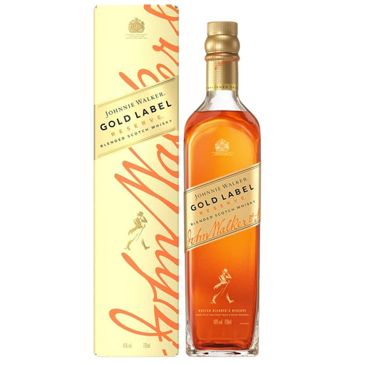 A bottle of Johnnie Walker Gold Label blended Scotch whisky next to its cream-colored packaging box, both featuring the brand's signature gold and orange lettering and logo, set against a plain white background.